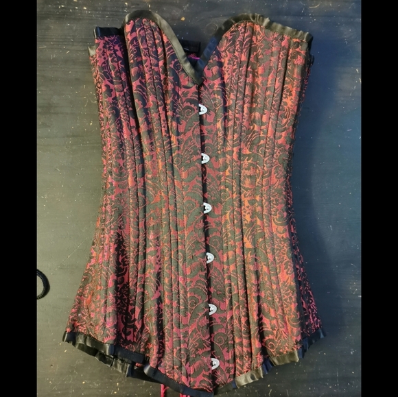 Steel Boned Corset - Red & Black Brocade, Gothic - Picture 3 of 4